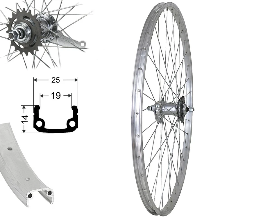 26 Zoll Hinterrad Rücktrittbremse 1 Gang Laufrad mit Bremse Aluminium silber 26" - Bild 1 von 1
