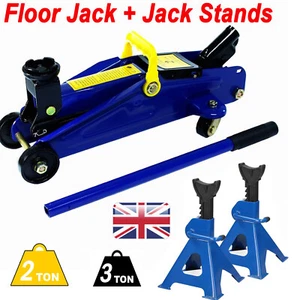 Pair 3T Axle Jack Stand + Hydraulic Floor Trolley Jack 2 Ton Low Profile Lifting - Picture 1 of 12