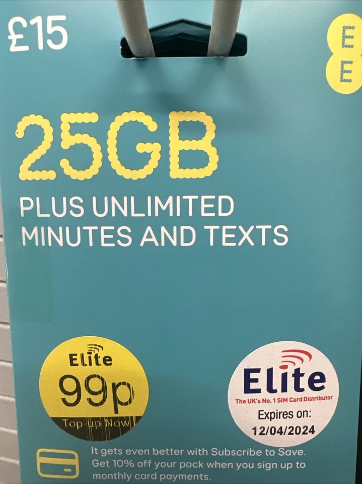 New EE sim card £15 unlimited minutes and text 25 GB data