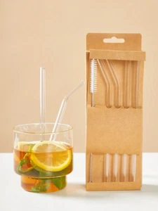 5pcs Reusable Glass Straw Set - 4 Clear Straws & 1 Cleaning Brush for Drinks NEW - Picture 1 of 8