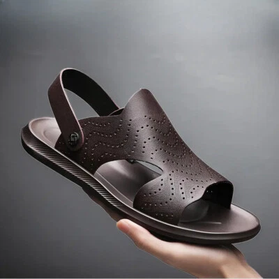 Summer Open Toe Slippers Sandals Hollow Out Leather Mens Flats Beach Shoes 38-44 - Image 1 of 4