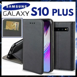 CUSTODIA A PORTAFOGLIO LIBRO per SAMSUNG GALAXY S10 PLUS + Cover in Pelle Nera - Zdjęcie 1 z 12