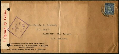 Australia Melbourne 1941 Harrison USA Censored Patent Attorney Business Cover - Image 1 of 2