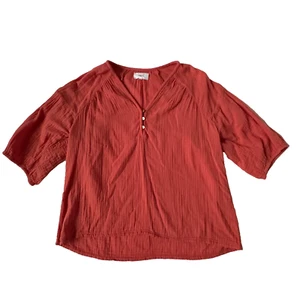 Xirena Womens L Pullover Blouse Gauze Felicity Orange Top Shirt Button V-neck - Picture 1 of 7