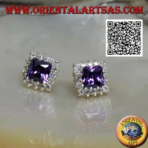 Orecchini Argento 925‰ da lobo con ametista di sintesi contornata da zirconi bia - Foto 1 di 5