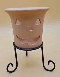 Jack-O-Lantern Tea Light Holder with Stand Terra-Cotta 8” Tall Pumpkin Halloween - Picture 1 of 8