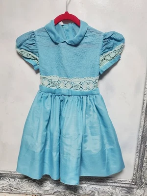 3T-4T Vtg 50s Toddler Girls Blue Dress Frock Crochet Lace Full Circle Crinoline - Image 1 of 4