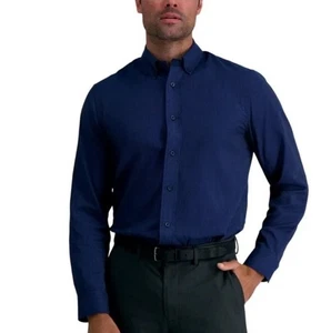 Camicia elegante Haggar taglia large vestibilità regolare manica lunga blu navy tessuto comodo NUOVO - Foto 1 di 7