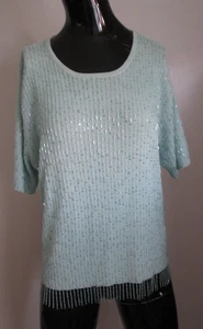 Chetta B Evening Size XL Aqua Beaded Fringe Knit Top - Picture 1 of 7
