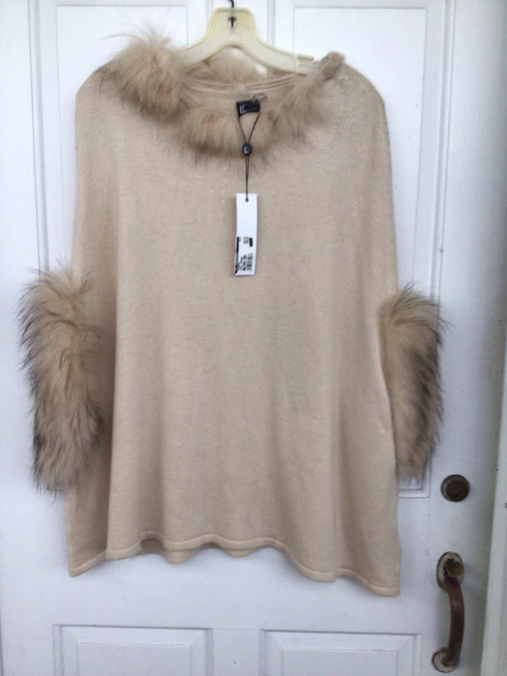 LT LOVE TOKEN BRONZEADO GENUÍNO PELE DE GUAXINIM APARADO CAPA PONCHO Tamanho XS/S NOVO COM ETIQUETAS - Imagem 1 de 4