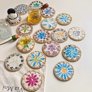 handmade rattan-edged shell coasters natural mother-of-pearl insulation pad - Picture 1 of 15