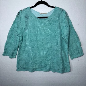 Soft Surroundings Womens Medium Aqua Blue Crochet Boho Pullover Top 3/4 Sleeve - Picture 1 of 11