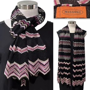 MISSONI Italy Black/Pink/Berry Metallic Knitted Zig Zag Stripe Scarf 50cmx 186cm - Picture 1 of 14