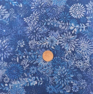 100% Cotton Fabric Shades of Blue Monochromatic Flowers and Leaves - By the Yard - Picture 1 of 3