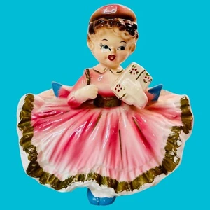 Vintage Napco Shopper Girl Planter 4J4595 Pink Dress Holding Present Gift READ - Picture 1 of 17