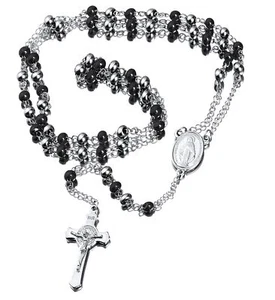 30Stainless Steel Rosary Beads Necklace 6mm Black and Silver Color with Jesus Ch - Picture 1 of 4