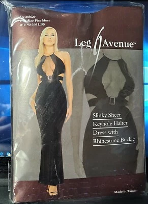 Vestido Halter Leg Avenue Style 8629 Negro Slinky Transparente Ojo de Cerradura con Hebilla de Estrás Foto 1 de 2