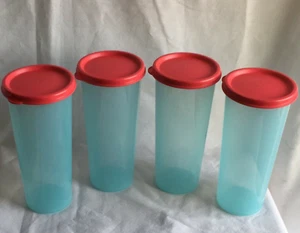 Tupperware 16-oz Straight Edge Tumblers Aqua Blue with Red Seals Set New - Picture 1 of 3