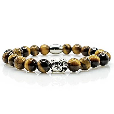 Tigerauge Armband Bracelet Perlenarmband Buddhakopf 8mm Edelstahl Klasse A+ - Bild 1 von 2