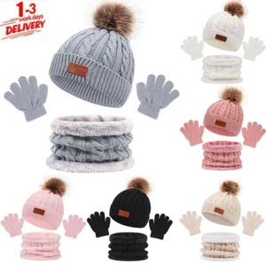 3PCS/set Kids Hat Scarf Gloves Set Baby Winter Warm Girls Boys Pompom Beanie Cap - Picture 1 of 14