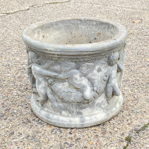 Vtg Henri Studio Concrete Cement 15" Round Classical Cherub Garden Planter Pot Cover