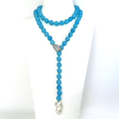 Collar Lariat Ajustable Azul Cielo Calcedonia Barroco Blanco Perla 36.5" Largo Foto 1 de 4