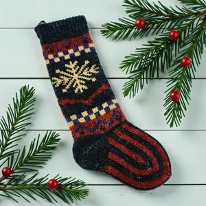 Vintage Russ Berrie Weihnachtsstrumpf Schneeflocke rustikal nordisch Strick grün blau 19" - Bild 1 von 10