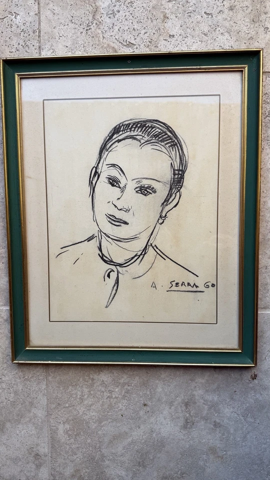 Antoine Serra (1908-1995) Tableau ancien signé portrait de femme au fusain - Photo 1/4