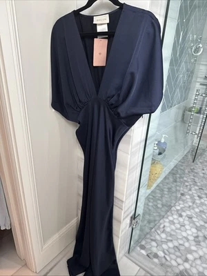 Платье Anthropologie BHLDN Amelia Deep-V с развевающимся рукавом атласное трапециевидное темно-синее 12 - Изображение 1 из 4