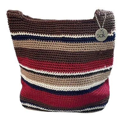 THE SAK Striped Crochet Shoulder Bag In Brown Navy Red Striped Ball Chain Charm - Изображение 1 из 4
