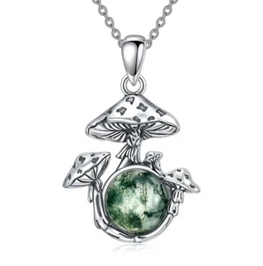 Sterling Silver Mushroom Pendant Necklace with Moss Agate - Mushroom Gifts fo... - Picture 1 of 7