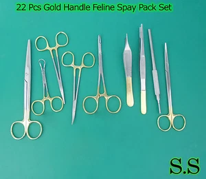SET OF 22 PCS GOLD HANDLE TC FELINE SPAY PACK SURGICAL INSTRUMENTS KIT DS-1065 - Picture 1 of 3