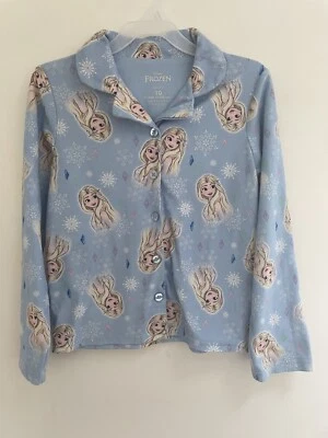 Disney Frozen Kids Girls Elsa Button-Front Cozy 100% Polyester PJ Top Blue Sz 10 - Image 1 of 4