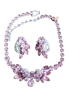 Vintage EISENBERG Necklace & Earring Set Crystal & PINK Rhinestone - Picture 1 of 10