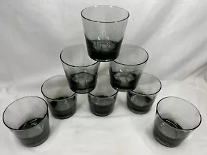 Set Of 8 Vtg 70’s MCM Smoke Black Glass Cocktail Whiskey Drinking Glasses EUC - Picture 1 of 6