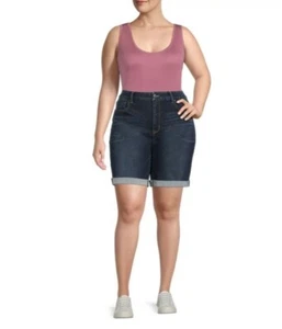 TERRA & SKY WOMEN'S PLUS SIZE HIGH RISE BERMUDA SHORTS, DARK WASH, 24W *NEW - Picture 1 of 2