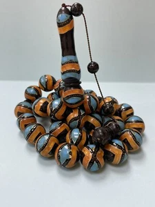 Hand Made Old -Ebony Wood Turquoise Amber In Lay 33 Worry Beads Islamic 178g R3 - Picture 1 of 17