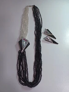 Vintage TRIFARI KUNIO MATSUMOTO Black Enamel Clear Rhinestones Necklace/Earrings - Picture 1 of 8