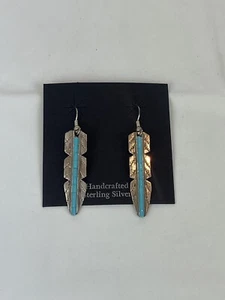 Native American Turquoise 925 Sterling Silver Dangling Feathers Earrings Sign AJ - Picture 1 of 7
