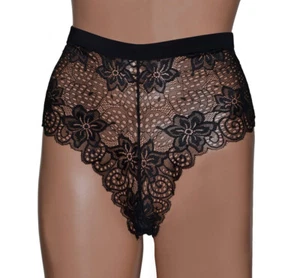 High Waist Black Lace Knickers, High Leg in a Vintage Style with Wide Waistband - Picture 1 of 2