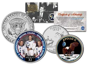 Juego de 2 monedas APOLLO 11 MISIÓN ESPACIAL cuarto de dólar estadounidense y medio dólar JFK NASA ASTRONAUTAS - Imagen 1 de 1