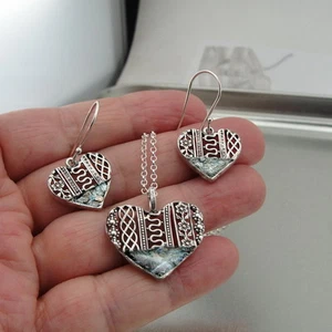 Hadar Designer Handmade 925 Silver Roman Glass Heart Necklace Pendant Set (as - Picture 1 of 4