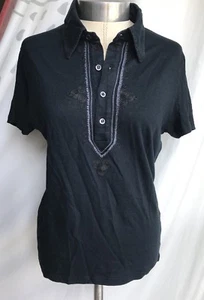 t shirt Donna Polo Cotone Lino Blu Con Ricami - Foto 1 di 7