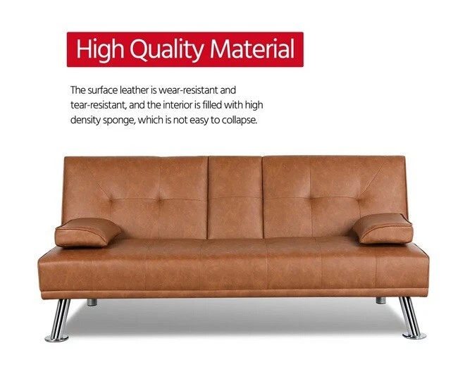 Brown Faux Leather Upholstered Modern Convertible Futon w/ Cupholders & Pillows - Image 1 of 4