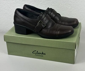 Clarks Artisan Brown Leather Clogs Cap Toe Shoes Buckle Women's Size 10 M - Picture 1 of 7