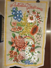 Vintage Australian Wild Flowers Pure Linen Tea Towel Unused