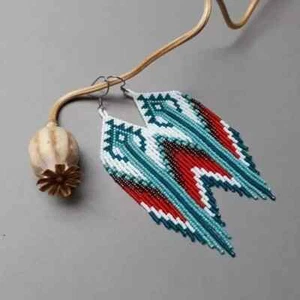Tribal Earrings Native Large Boho American Seed Beads Handmade Earring - Picture 1 of 2