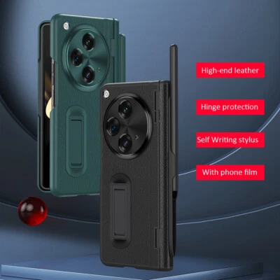 Funda con soporte a prueba de golpes con bisagra de cuero de protección completa + ranura para bolígrafo para OnePlus Open Foto 1 de 4