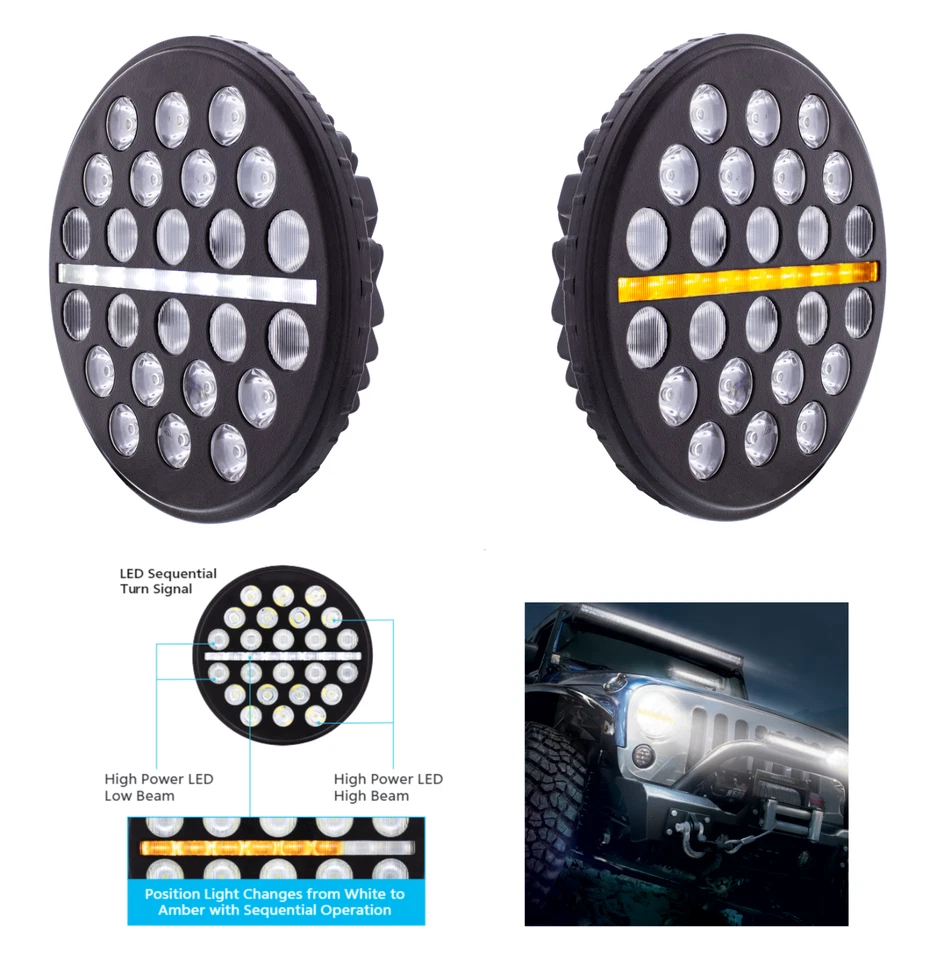 一对 (2) 越野 7 英寸 LED 车头灯带双功能顺序转向信号  — 第 1/4 张图片