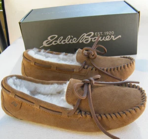 Eddie Bauer Firelight Shearling Moc Chestnut Suede Slippers Size 9M (40.5) NIB - Picture 1 of 10